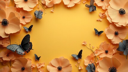 Leinwandbilder - Soft 3D-style flowers with detailed petals and butterflies placed around edges, large yellow background for text or graphics