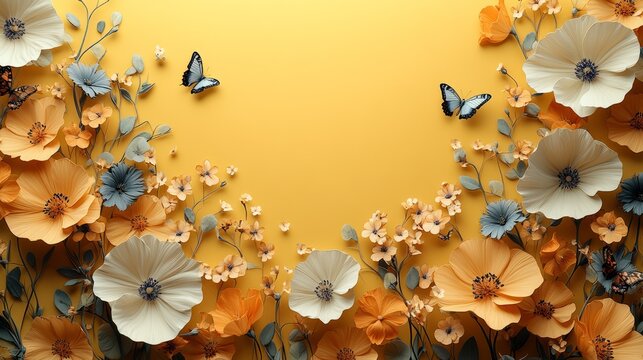 Soft 3D-style flowers with detailed petals and butterflies placed around edges, large yellow background for text or graphics