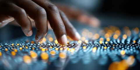 African man's finger touching illuminated surface with blue and yellow lights with shallow depth of field
