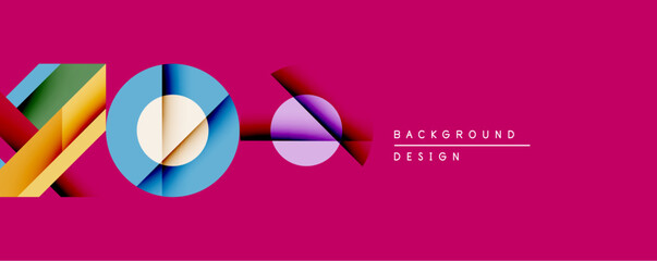 Aufkleber - Abstract geometric composition. Overlapping circles, rectangles create dynamic visual effect. Bright colors contrast against vivid pink background. Modern design element.