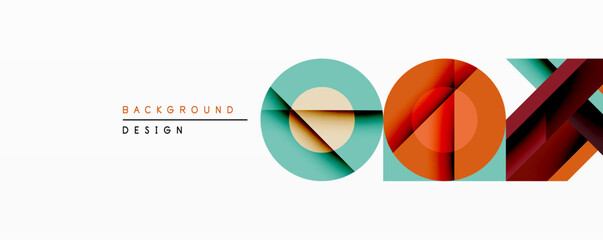 Aufkleber - Abstract geometric design features layered circles, squares, lines. Warm orange, cool teal hues create modern visual impact. Minimalist style suitable for backgrounds, branding.