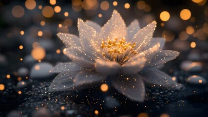 Poster - Delicate white flower adorned with shimmering gold glitters against a softly lit background scene