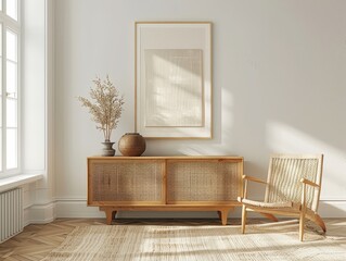 Poster - Modern Interior Design Featuring Wooden Furniture, a Decorative Vase, and Natural Light in a Serene Living Space