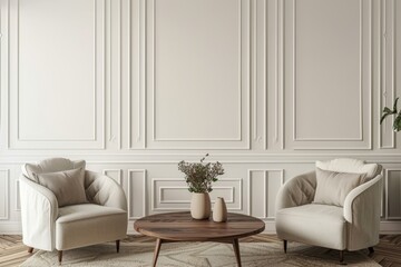 Poster - Elegant Living Room With Beige Armchairs and a Round Wooden Table Featuring Floral Decor in a Modern Interior Design