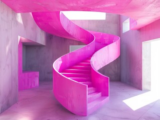 Poster - Modern Spiral Staircase in a Minimalistic Interior Showcasing Vibrant Pink Hues in a Contemporary Architectural Space
