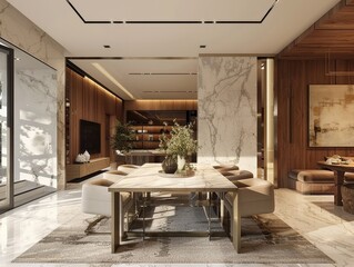 Poster - Modern Dining Area Featuring Marble Accents, Elegant Furnishings, and Cozy Atmosphere in a Stylish Interior Design During Daylight