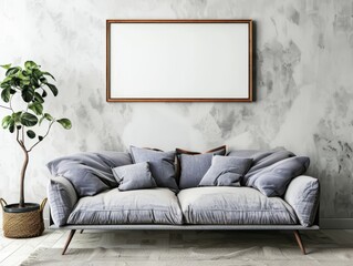 Poster - Modern Living Room With Comfortable Gray Sofa and Minimalistic Decor Against a Textured Wall, Ideal for Relaxation and Social Gatherings