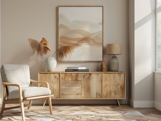 Poster - Modern Living Room Design Featuring Natural Textures and Minimalist Decor in Bright Daylight
