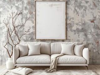Poster - Elegant Modern Living Room Featuring a Stylish White Sofa Against a Textured Gray Wall With Empty Picture Frame and Minimalist Decor
