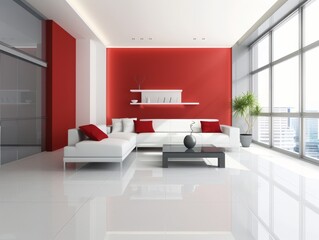 Poster - Modern Interior Living Room Design With White Furniture and Red Accent Wall in a High-Rise Urban Setting