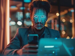 Aufkleber - Innovative Technology Enables Facial Recognition as a Man Interacts With His Smartphone in a Modern Office Environment