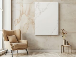 Poster - Minimalist Interior Design Featuring a Cozy Armchair, Elegant Wall Art, and Soothing Neutral Tones in a Contemporary Living Space