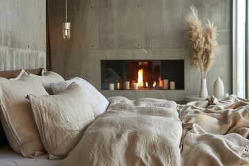 Poster - Cozy Modern Bedroom With a Warm Fireplace and Comfortable Bedding, Creating a Peaceful Atmosphere for Relaxation and Rest