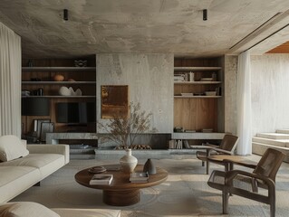 Poster - Stylish Modern Living Room Design Featuring Natural Materials and Minimalistic Decor in a Bright, Airy Environment