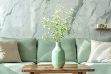 Poster - Fresh White Flowers Arranged in a Mint Green Vase on a Wooden Table in a Modern Living Room With Soft Furnishings and Marble Wall Accents