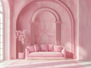 Poster - Charming Pink Interior Design Featuring a Cozy Sofa and Elegant Floral Arrangement in a Bright and Airy Living Space During Daylight Hours