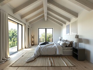 Poster - Modern Bedroom Design Featuring Large Windows and Wooden Accents in a Tranquil Setting During Daylight