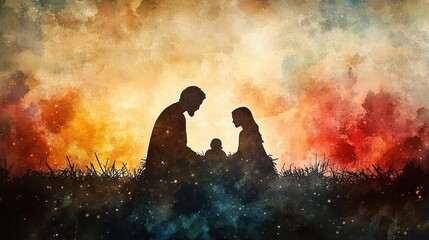  Jesus in Manger Watercolor Art, Biblical Illustration with Nativity Scene on Beige Background, Faith Inspired with Copy Space