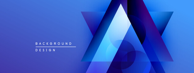 Poster - Abstract geometric shapes overlap, creating vibrant blue gradients. Design features layered triangles, circles, modern aesthetic.