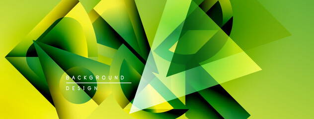 Aufkleber - Abstract geometric shapes overlap, creating vibrant green, yellow gradients. Modern design suggests energy, movement, depth. Background features text elements.