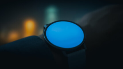 Poster - Smartwatch Brilliance: A close-up shot of a sleek smartwatch with a glowing blue screen, symbolizing connectivity and innovation. Its elegant design and soft light create an air of sophistication.
