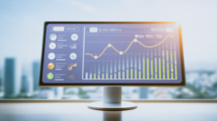 Poster - Analyzing the Data: A detailed look at the data on a screen, highlighting upward trends and financial growth, set against an urban backdrop and the soft glow of morning light.