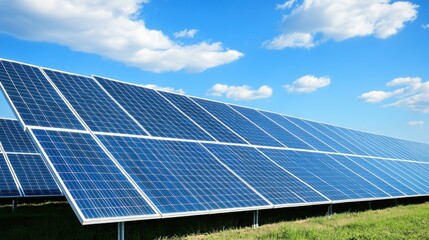 Large array of solar panels under a vast blue sky.