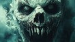 © muhammad - Frightening zombie face with decaying flesh and intense, eerie eyes in foggy, ominous atmosphere