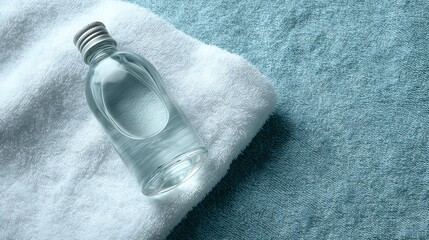 Poster - Serene composition of a glass water bottle resting on a plush white towel, evoking tranquility with soothing aqua tones and reflective surfaces.