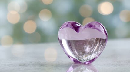 Poster - Delicate Purple Glass Heart on a Soft Surface, Reflecting Light, Surrounded by a Dreamy Bokeh Background, Evoking Love and Serenity.