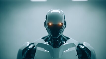Poster - Futuristic Robot with Glowing Eyes Stares Intensely Under Soft Lighting, Evoking Themes of Humanity and Technology in a Minimalist Setting