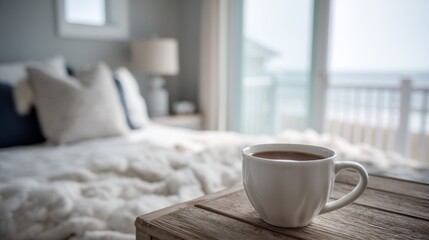 Poster - Warm cup of coffee on rustic wooden table in serene coastal bedroom, softly lit by morning light, creating a cozy, inviting atmosphere.