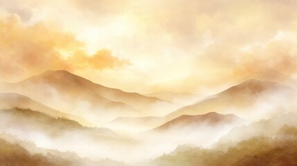 Wall Mural - A golden sunrise illuminates misty mountains with soft clouds and gentle, ethereal light.