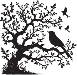 silhouette illustration of a bird perched on a tree branch with flying birds above