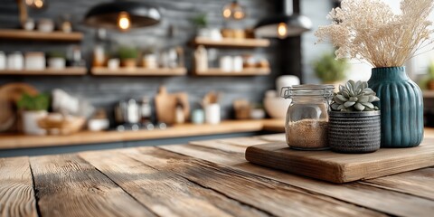 Aufkleber - Rustic wooden table featuring decorative items and a blurred kitchen backdrop, creating a cozy and inviting atmosphere