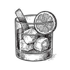 Old Fashioned Cocktail Doodle Illustration – Hand-Drawn Black and White Line Art on Transparent Background