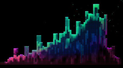 Poster - Abstract landscape of rising blocks with gradient colors on a dark background with small particles