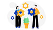 © Hiro - Two people engaging with gears by a plant backdrop, perfect for backgrounds, technology, teamwork, industrial concepts in design projects.