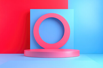 Poster - A vibrant digital rendering features a pink cylindrical platform and a larger pink ring, both set against a backdrop of red and blue geometric planes. 