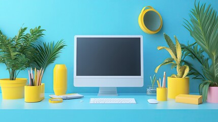 Fototapete - A bright workspace featuring a computer monitor plants and yellow accents against a blue background