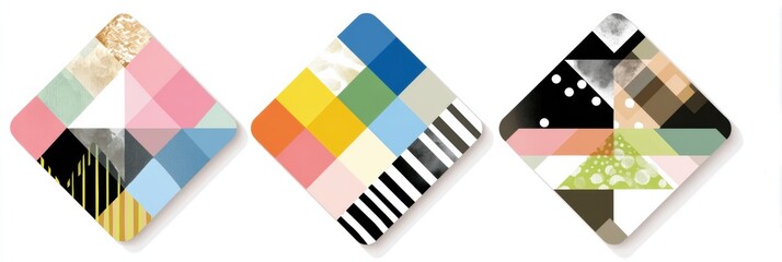 Fototapete - Geometric Sticker Designs Showcased in Diagonal Arrangement With Open Space in Upper Third