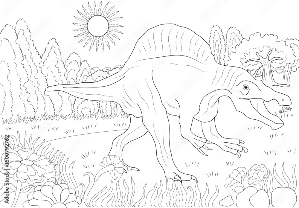 Spinosaurus Dinosaur Line Art Illustration, Black and white line art ...