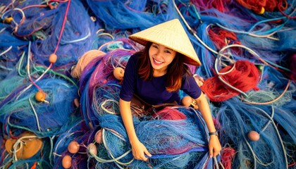 artistic photography, Vietnam woman, wearing hat, repairing and cleaning fisherman net