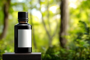 Poster - A dark glass bottle of essential oil with black cap on a podium against sunlit green forest background, bottle white label mockup