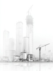 Aufkleber - Minimalist Line Art Depicting a City Under Construction, Showcasing Cranes and Unfinished Buildings Surrounded by White Space