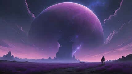 Wall Mural - Cosmic Purple Planet Landscape A Digital Painting of an Alien World with a Giant Structure and a Solitary Figure, High-Resolution Wallpaper