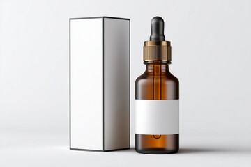 Poster - Amber glass dropper bottle with a blank label and box on white background, mockup for medicinal products and designs
