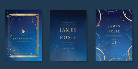 Wall Mural - luxury wedding card design vector set. elegant invitation card with little star moon sun meteor and 
