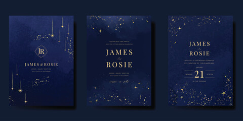 Wall Mural - Luxury wedding card design vector set. Elegant invitation card with little star moon sun meteor and space decoration on navy blue background. Design illustration for cover, poster, gala.