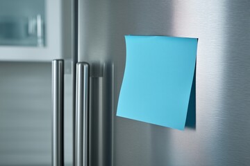Poster - blank blue sticky note is attached to refrigerator door, adding pop of color to sleek stainless steel surface. This simple yet effective detail enhances kitchens modern aesthetic